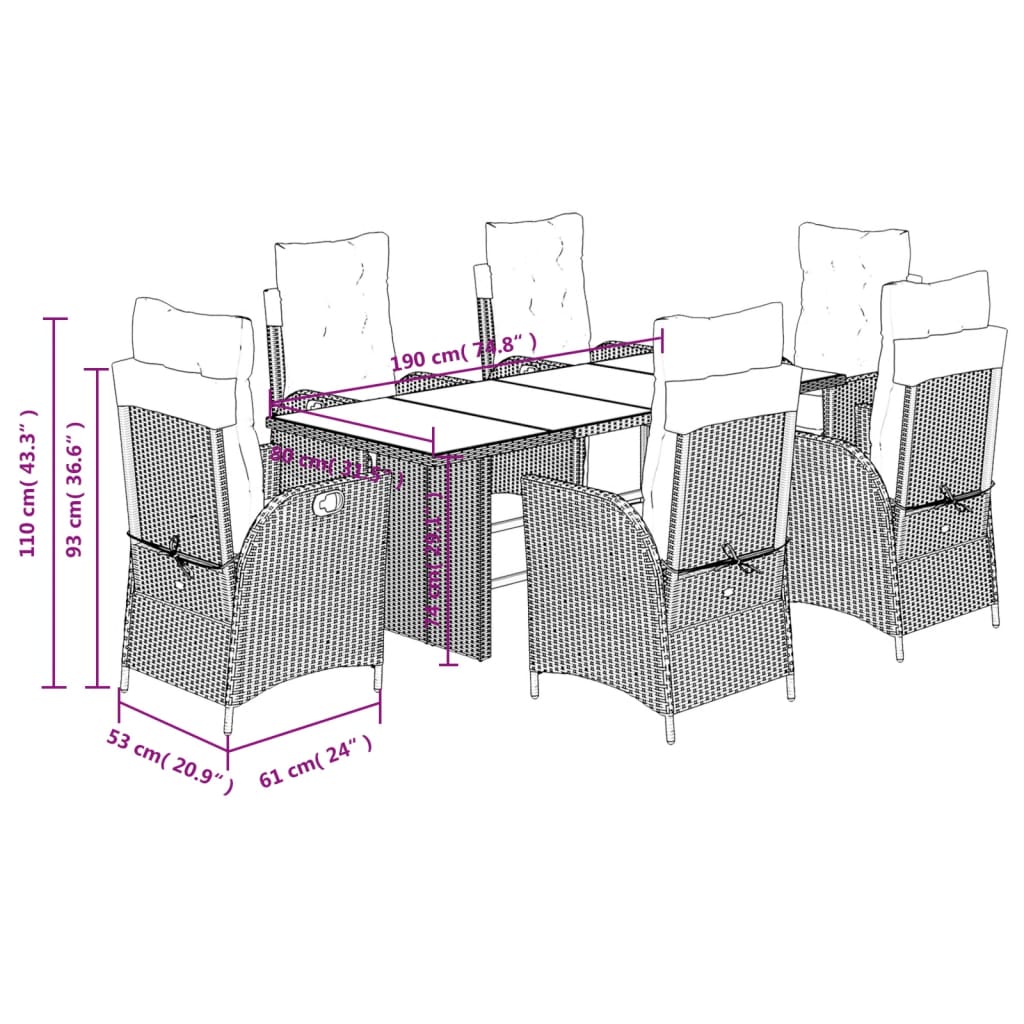 7 pcs conjunto de jantar p/ jardim c/ almofadões vime PE cinza