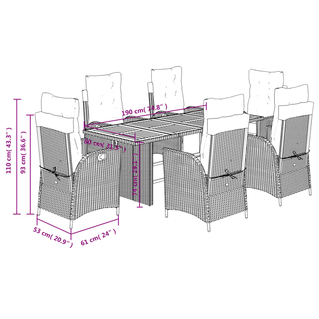7 pcs conjunto de jantar p/ jardim c/ almofadões vime PE preto