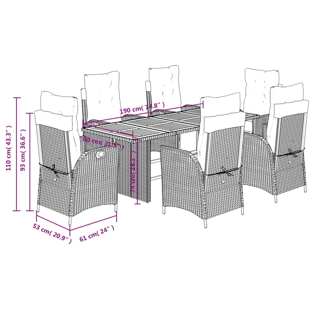 7 pcs conjunto de jantar p/ jardim c/ almofadões vime PE preto