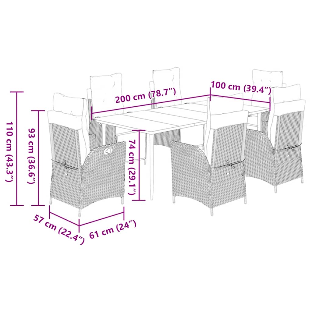 7 pcs conjunto de jantar p/ jardim c/ almofadões vime PE preto