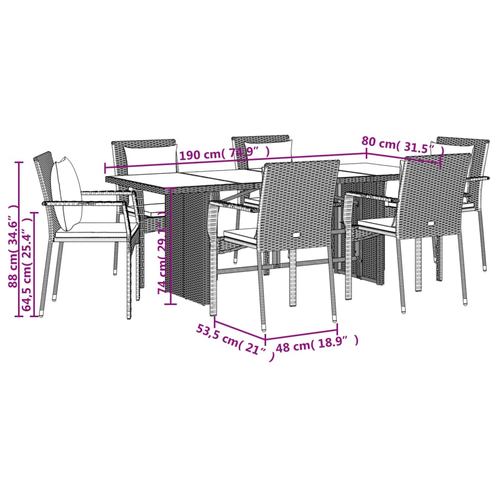 7 pcs conjunto de jantar p/ jardim c/ almofadões vime PE cinza