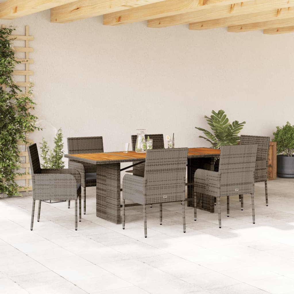 7 pcs conjunto de jantar p/ jardim c/ almofadões vime PE cinza