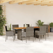 7 pcs conjunto de jantar p/ jardim c/ almofadões vime PE cinza
