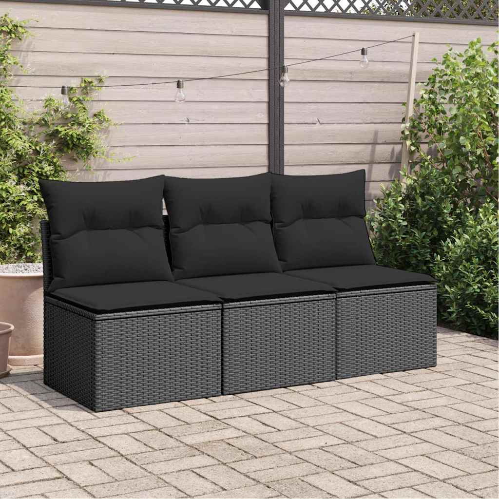 Sofá de jardim com almofadas, 3 lugares, vime sintético preto