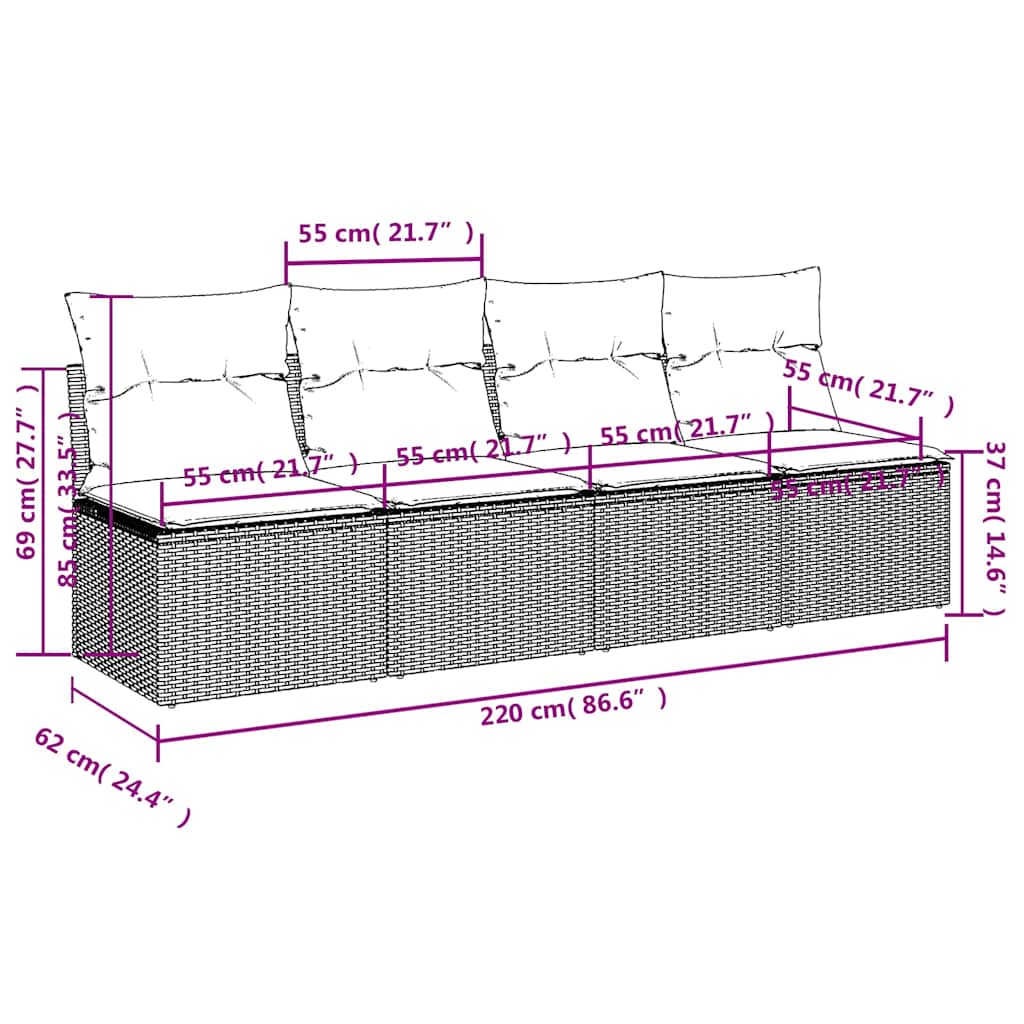Sofá de jardim de 4 lugares com almofadões vime PE bege