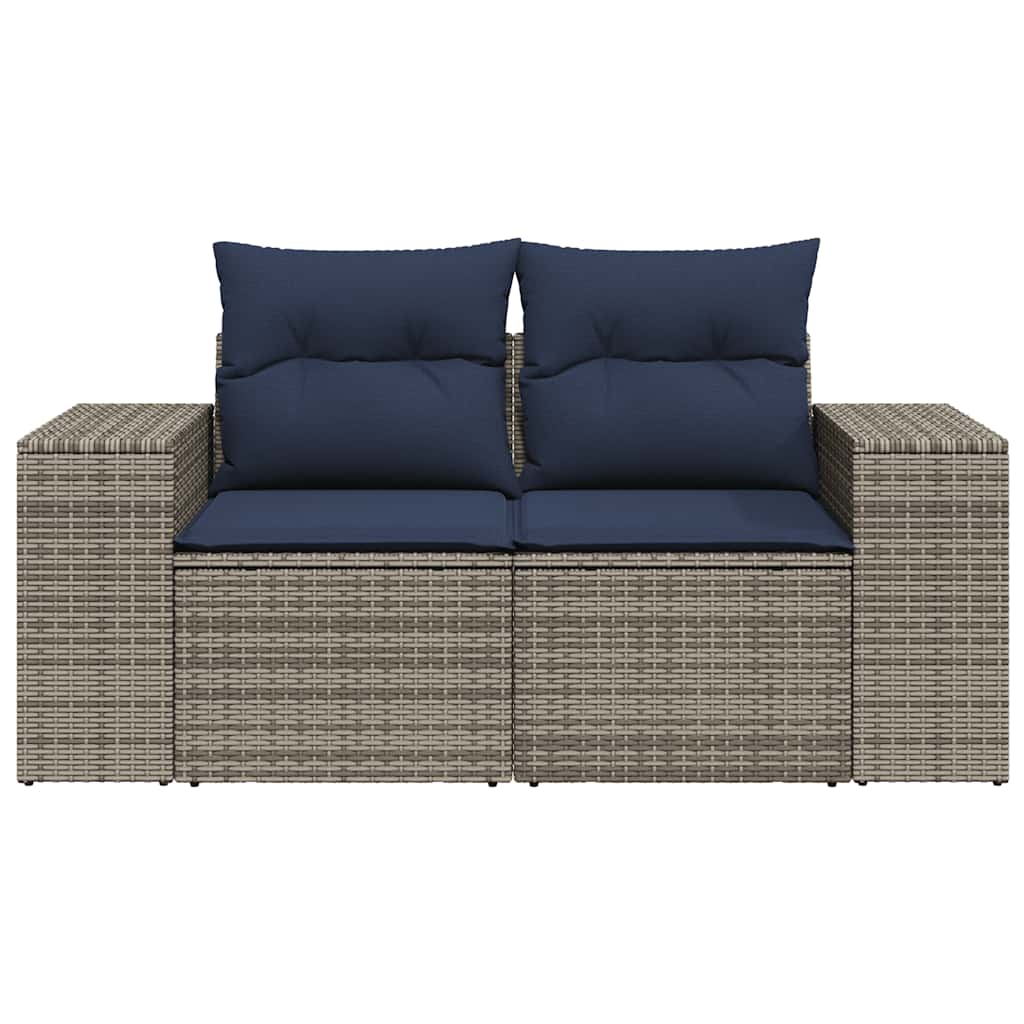 Sofá de jardim de 2 lugares com almofadões vime PE cinzento