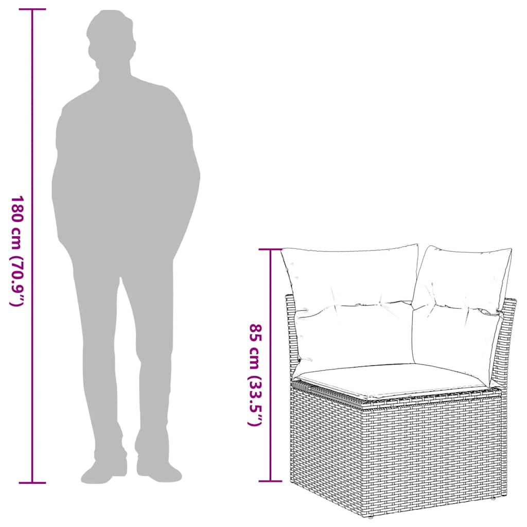 Sofá de canto para jardim com almofadões vime PE cinzento claro