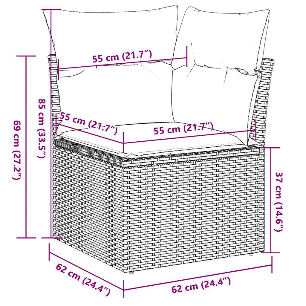 Sofá de canto para jardim com almofadões vime PE cinzento claro