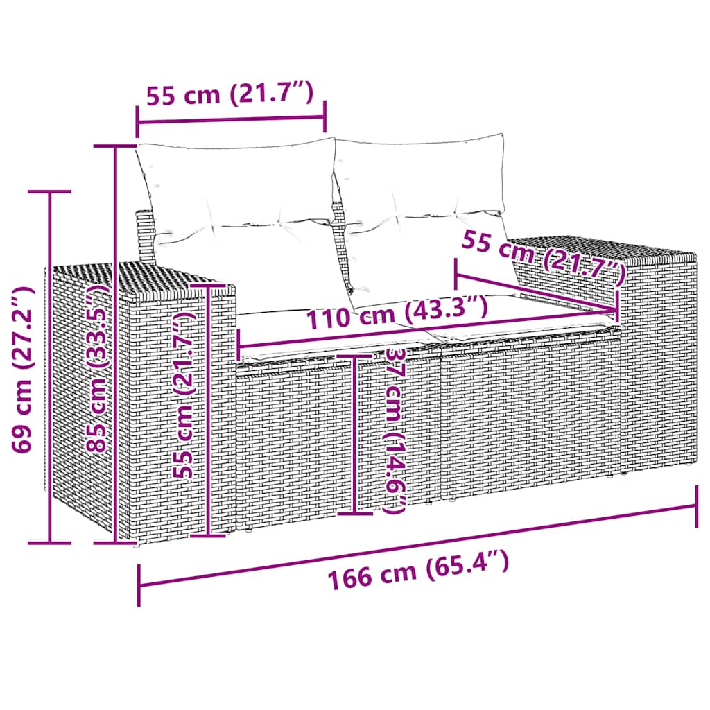 Sofá de jardim com almofadas, 2 lugares, vime sintético marrom