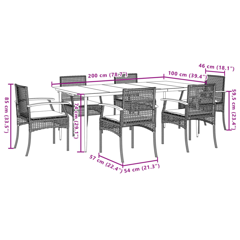 7 pcs conjunto de jantar p/ jardim c/ almofadões vime PE preto