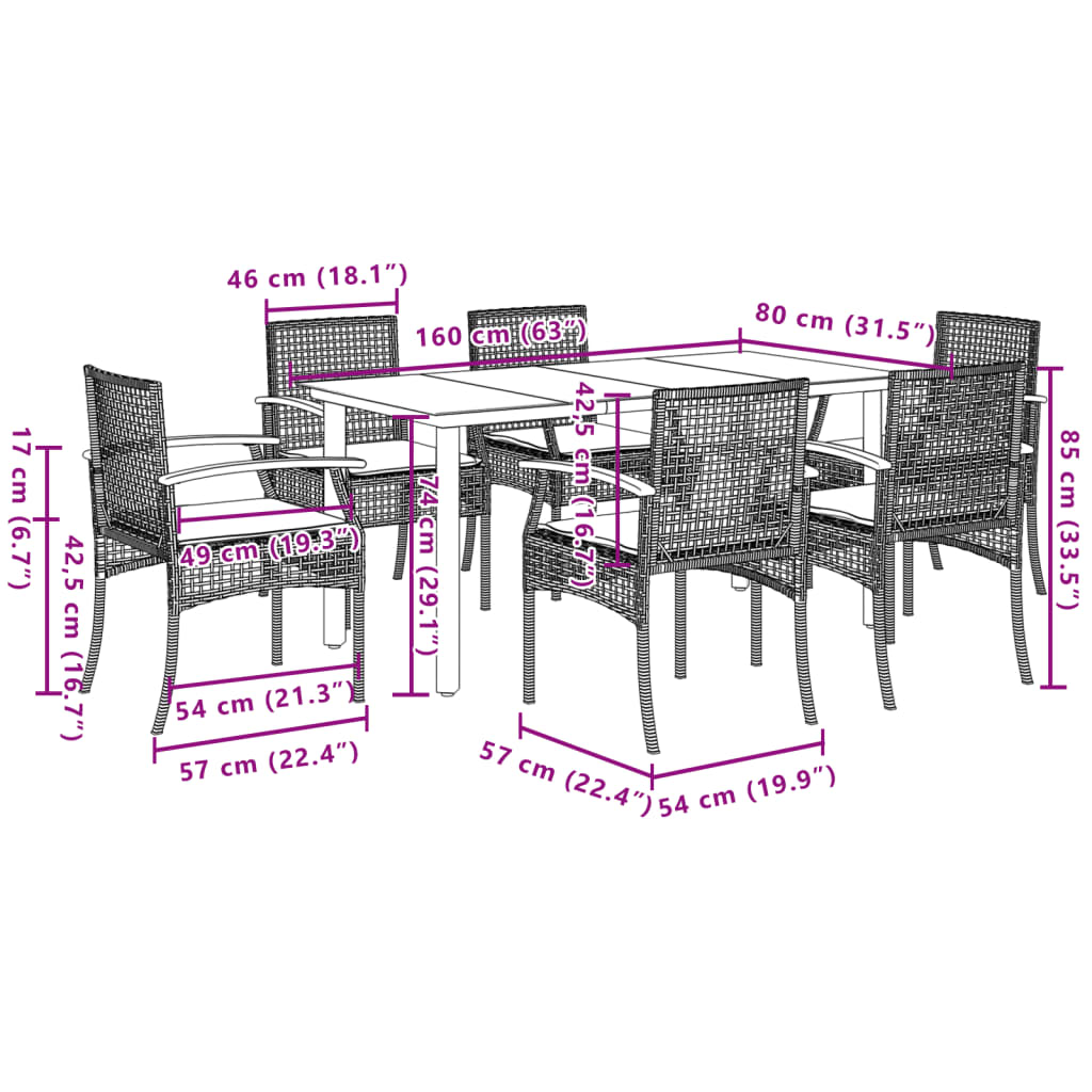 7 pcs conjunto de jantar p/ jardim c/ almofadões vime PE preto