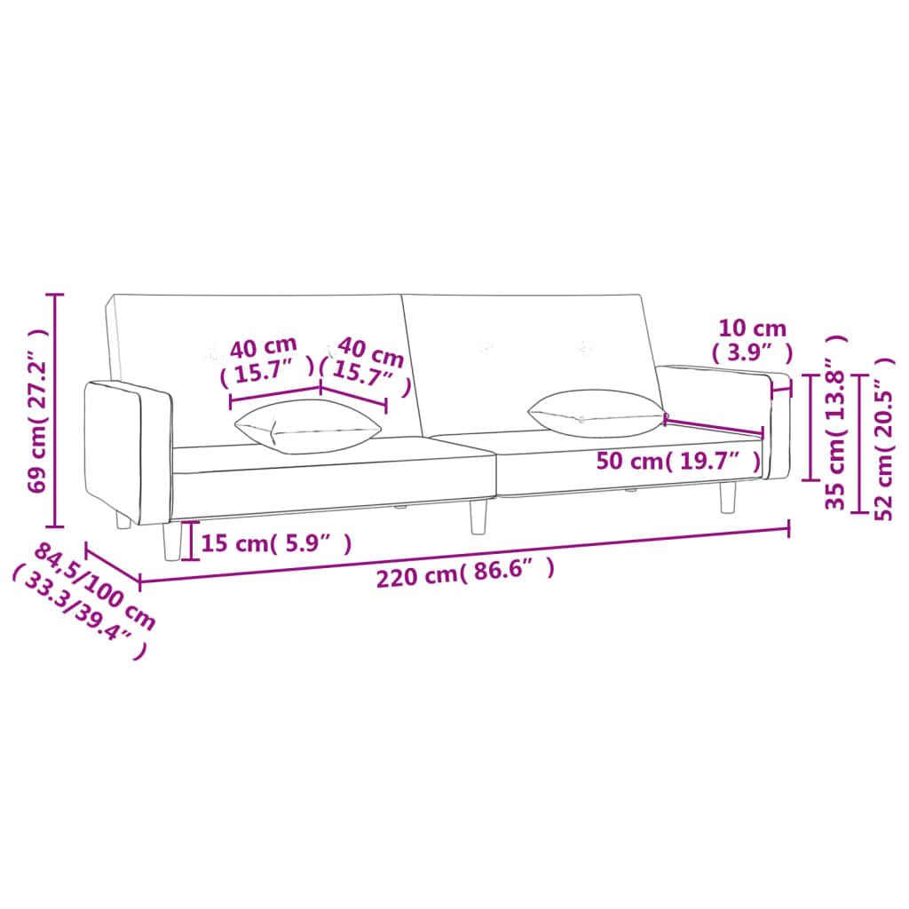 Sofá-cama 2 lugares com duas almofadas tecido cor creme