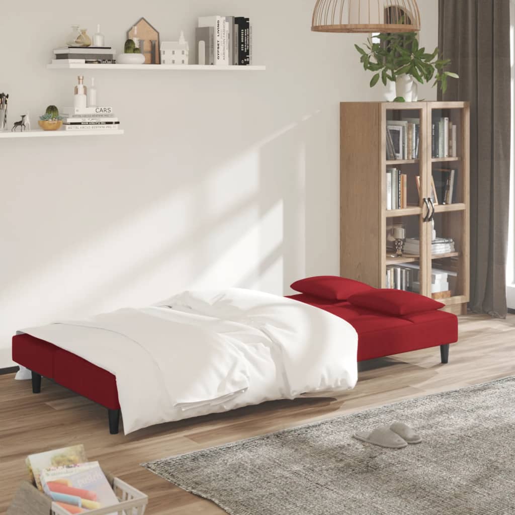 Sofá-cama 2 lugares com duas almofadas veludo vermelho tinto