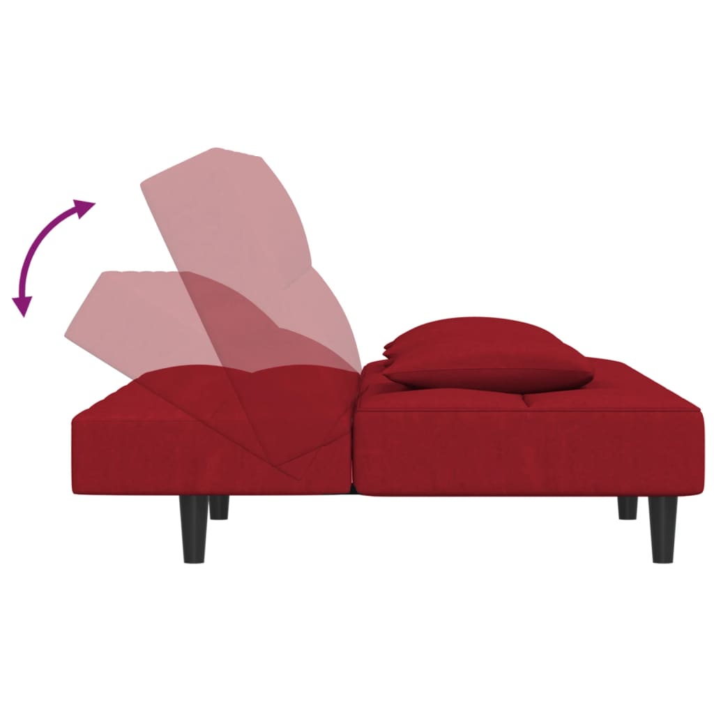 Sofá-cama 2 lugares com duas almofadas veludo vermelho tinto