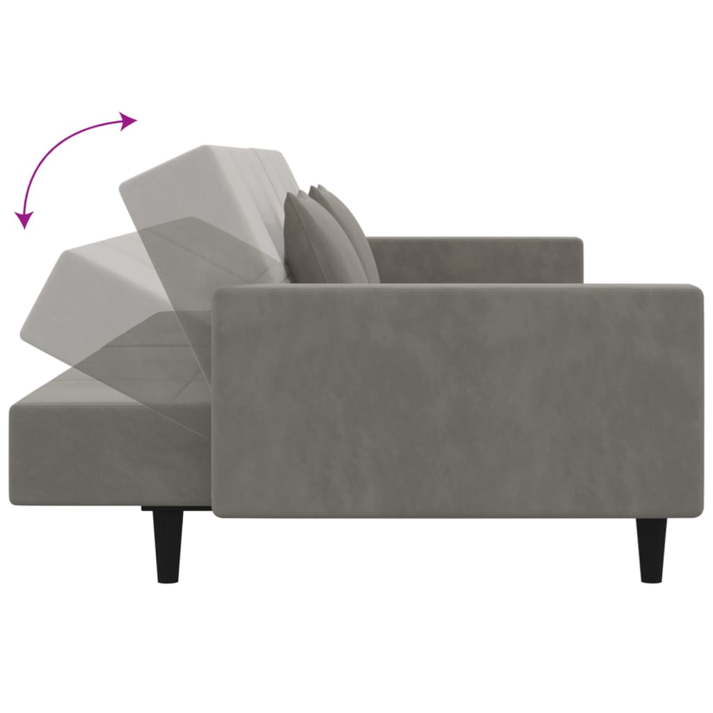 Sofá-cama 2 lugares com duas almofadas veludo cinzento-claro