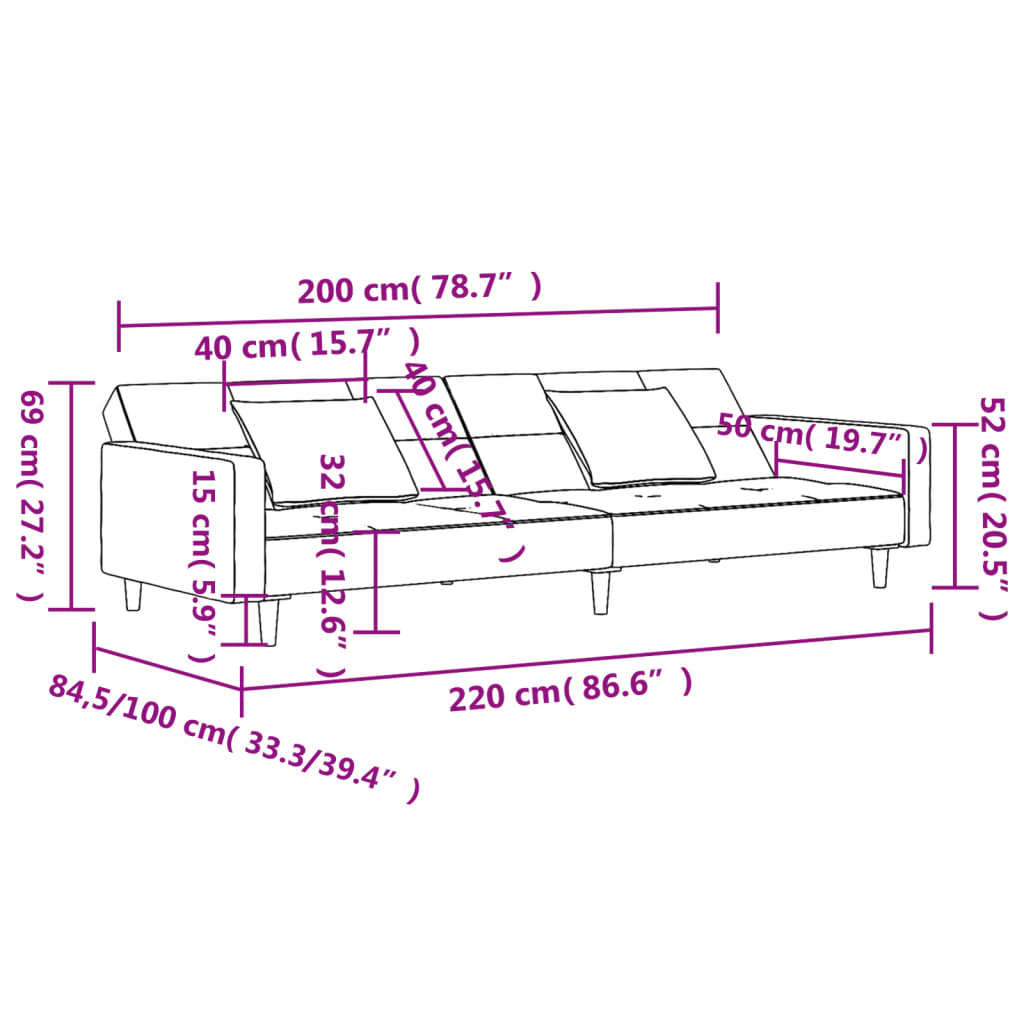 Sofá-cama 2 lugares com duas almofadas veludo cinzento-claro