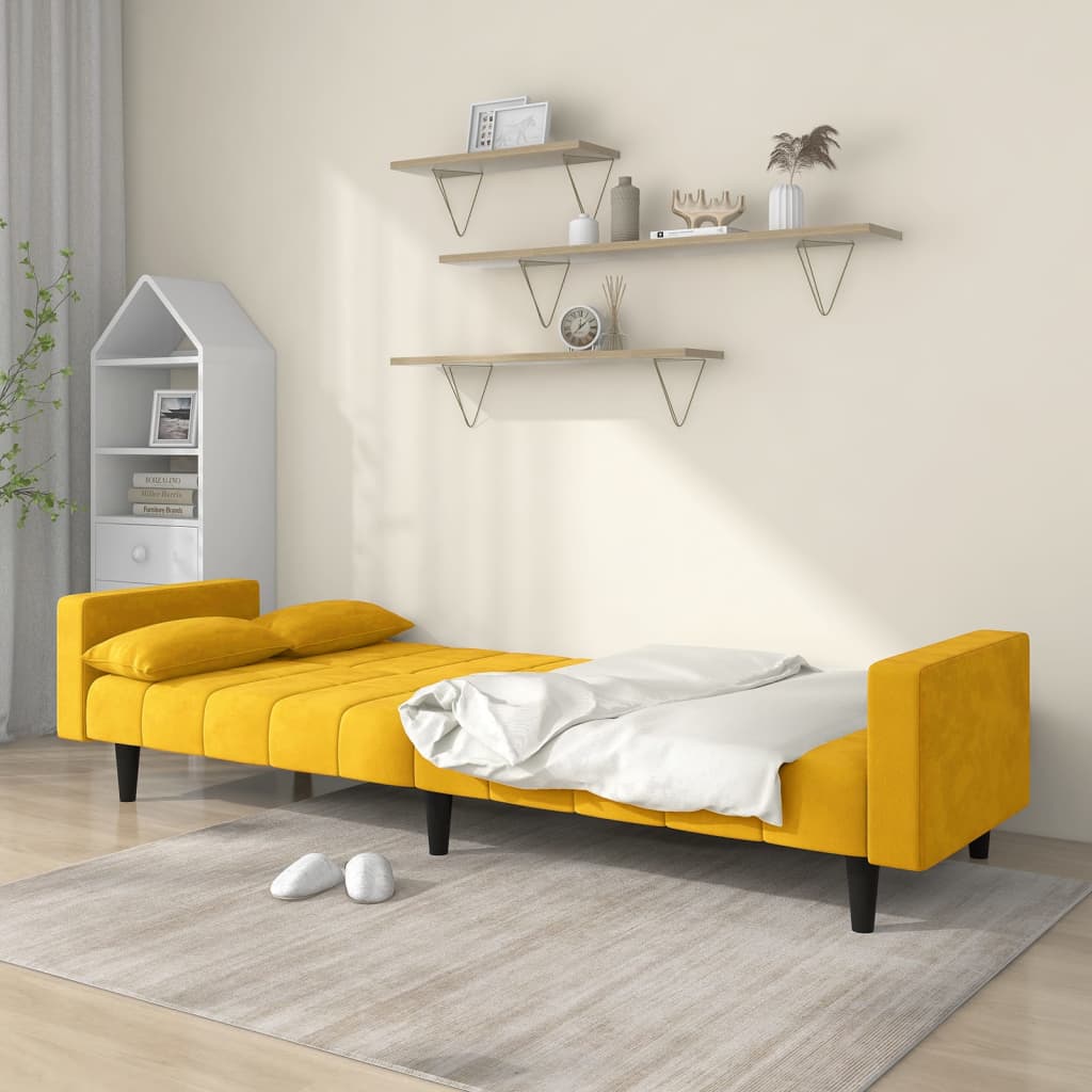 Sofá-cama 2 lugares com duas almofadas veludo amarelo