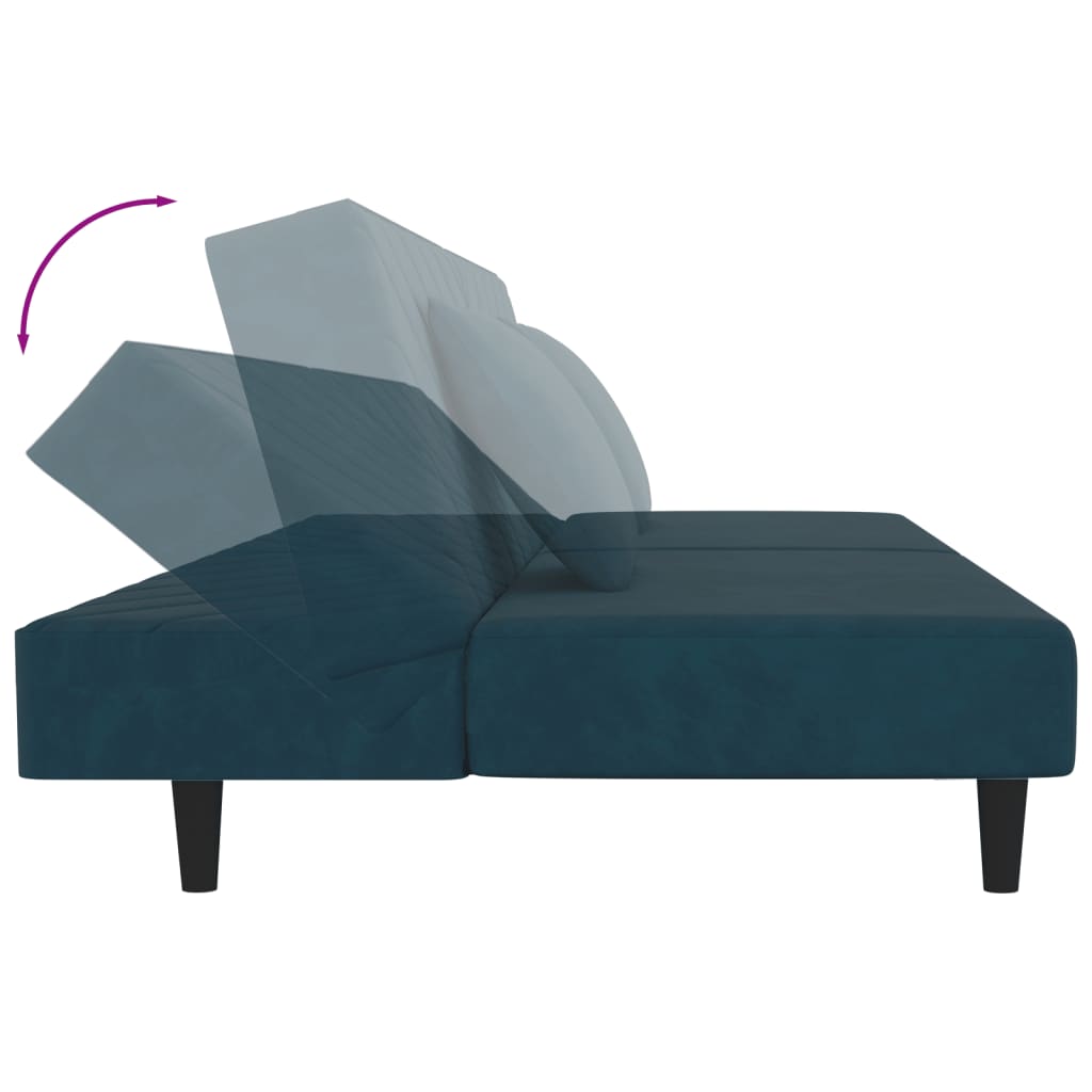 Sofá-cama 2 lugares com duas almofadas veludo azul