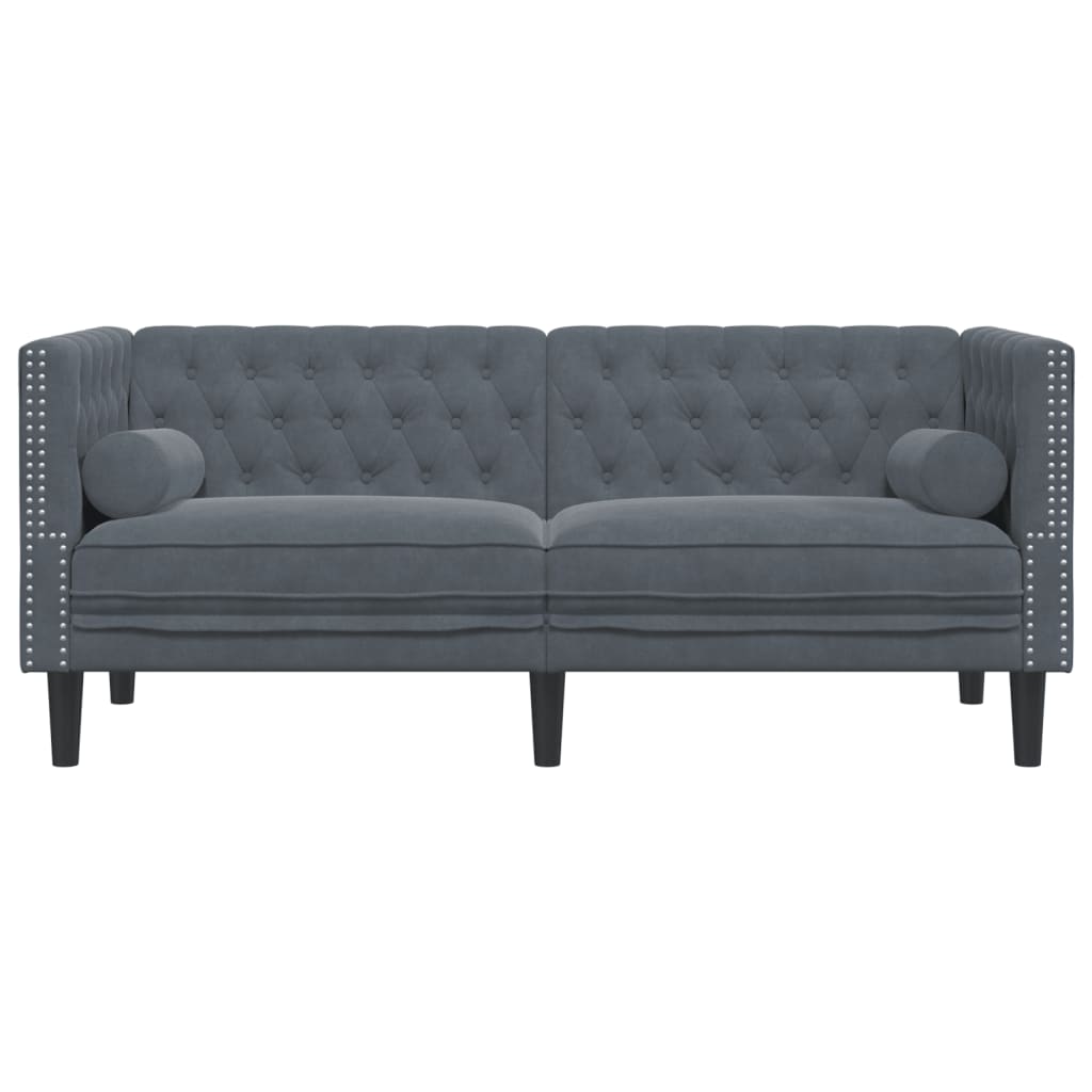 Sofá chesterfield com rolos 2 lugares veludo cinzento-escuro