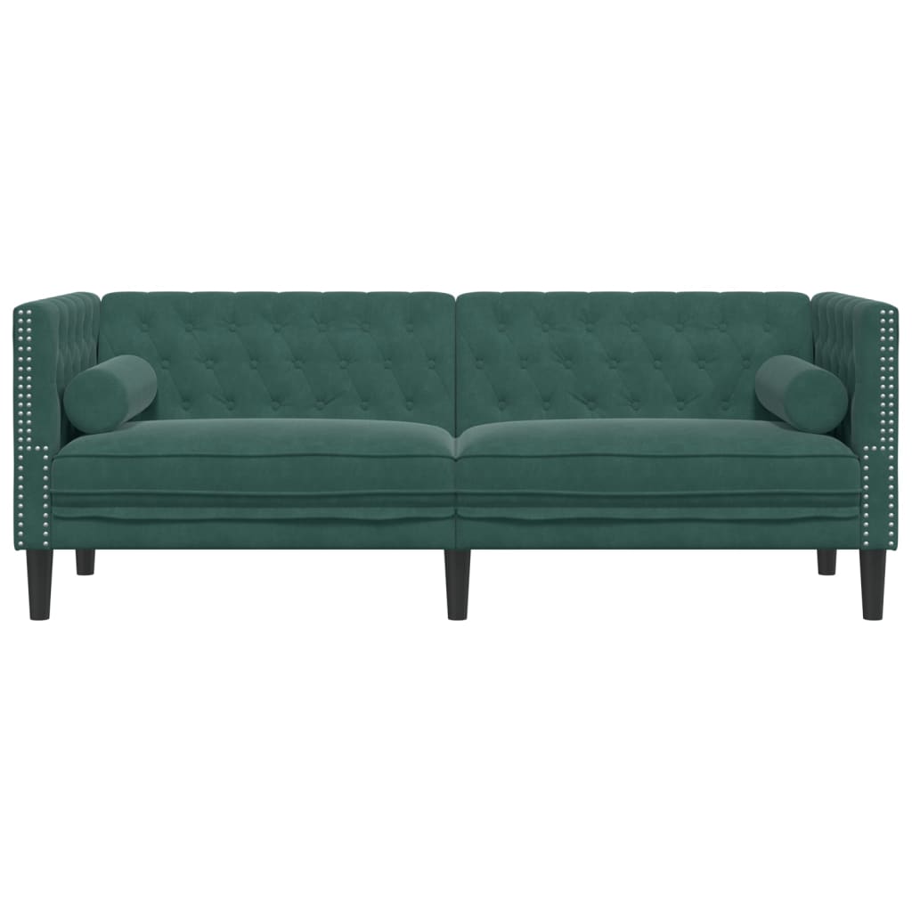 Sofá chesterfield com rolos 3 lugares veludo verde-escuro