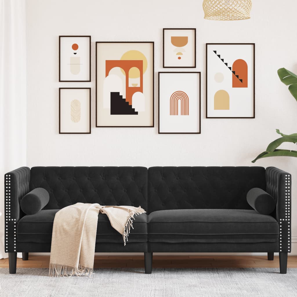 Sofá chesterfield com rolos 3 lugares veludo preto
