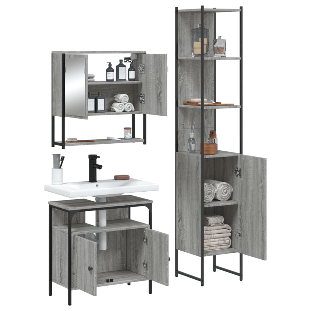 3 pcs Conjunto móveis casa de banho madeira proc. cinza sonoma