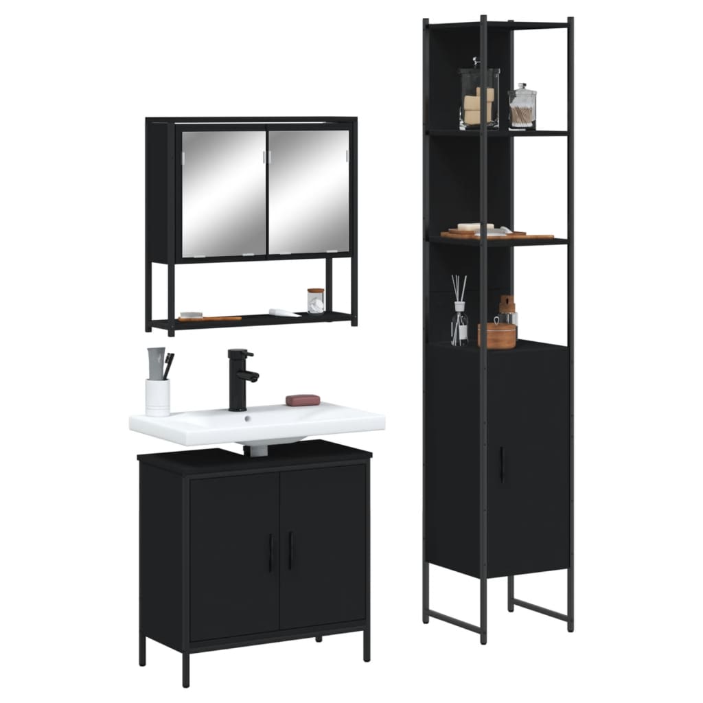 3 pcs conjunto móveis casa de banho derivados de madeira preto