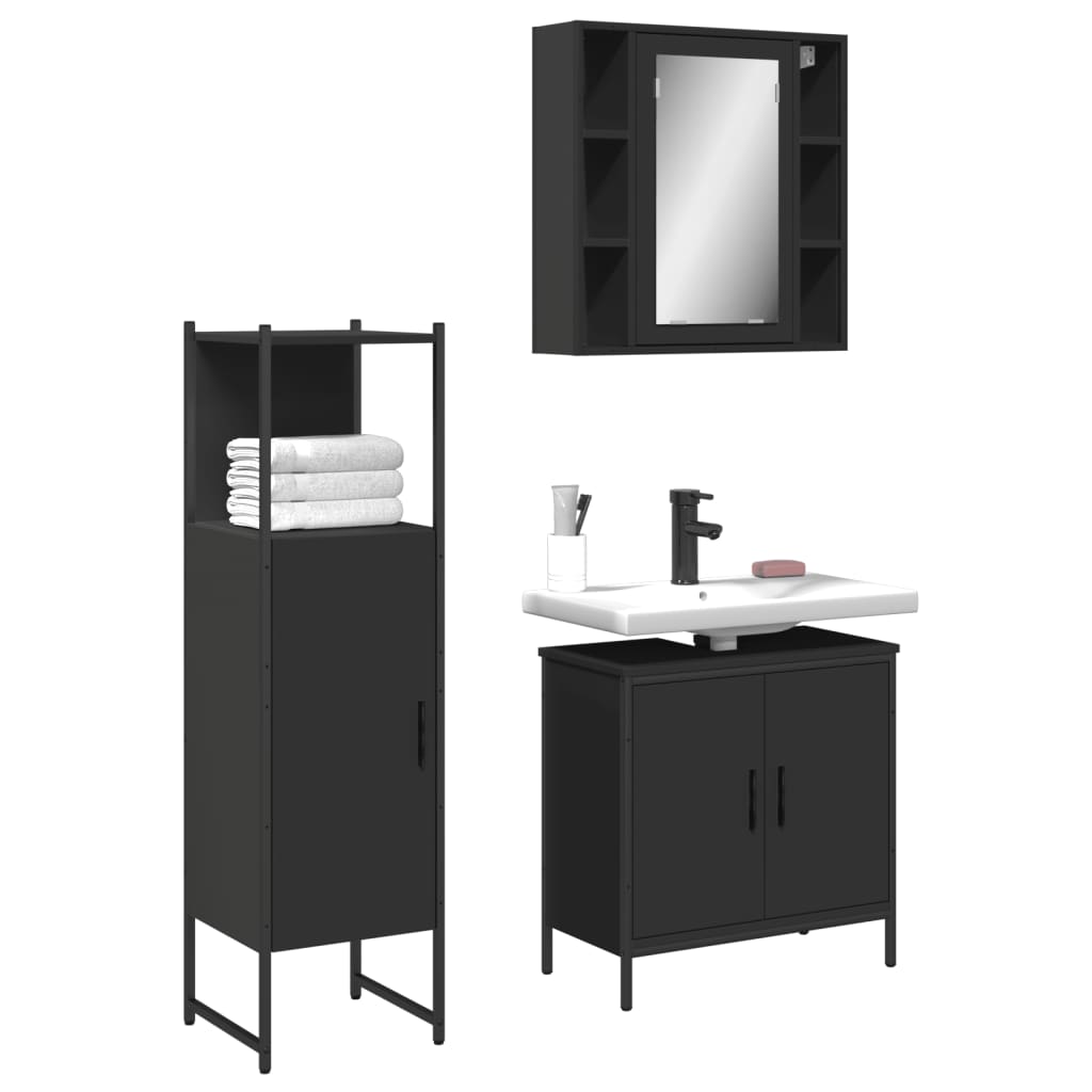 3 pcs conjunto móveis casa de banho derivados de madeira preto