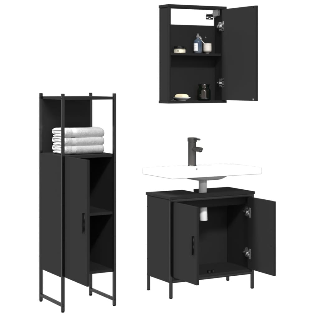 3 pcs conjunto móveis casa de banho derivados de madeira preto