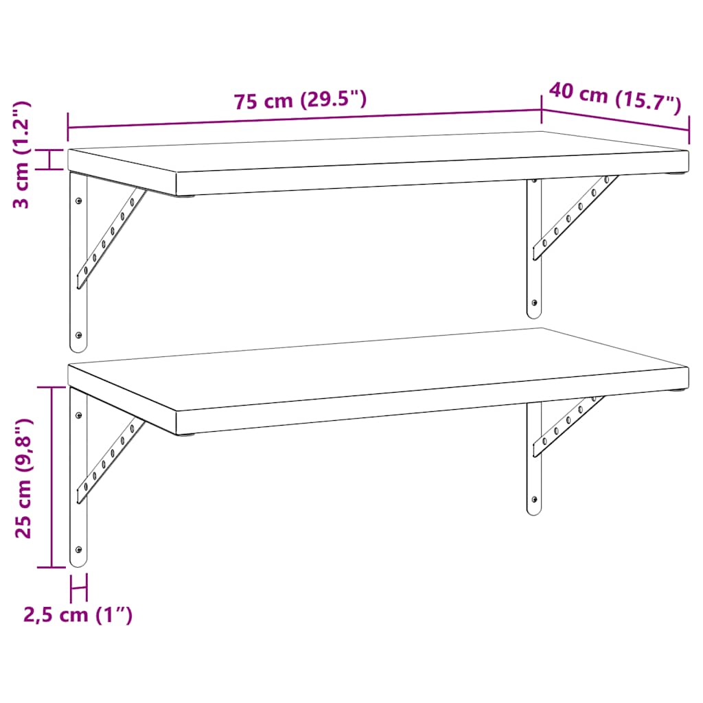 Prateleiras de parede 2 pcs 75x40 cm aço inoxidável prateado