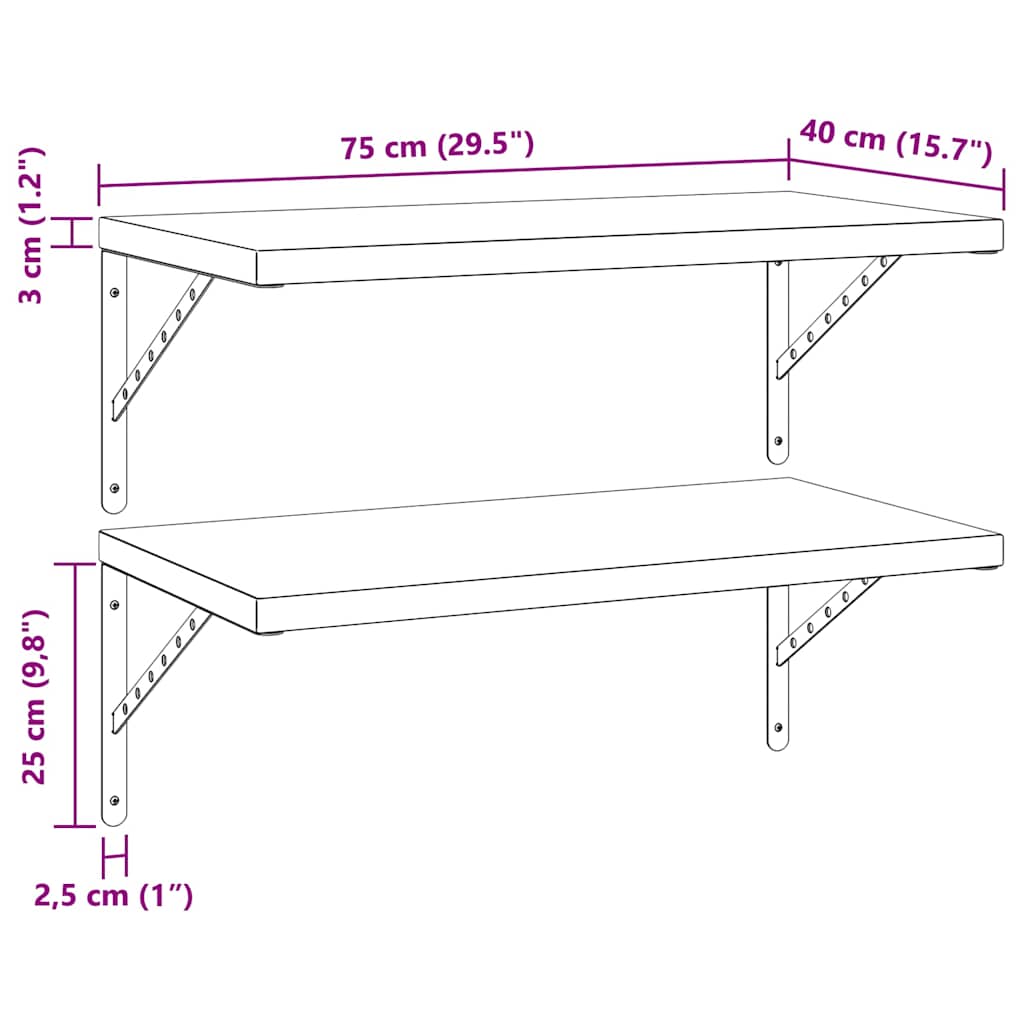 Prateleiras de parede 2 pcs 75x40 cm aço inoxidável prateado