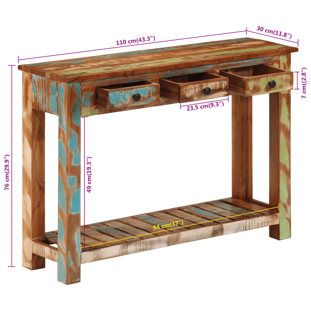 Mesa consola 110x30x76 cm madeira recuperada maciça