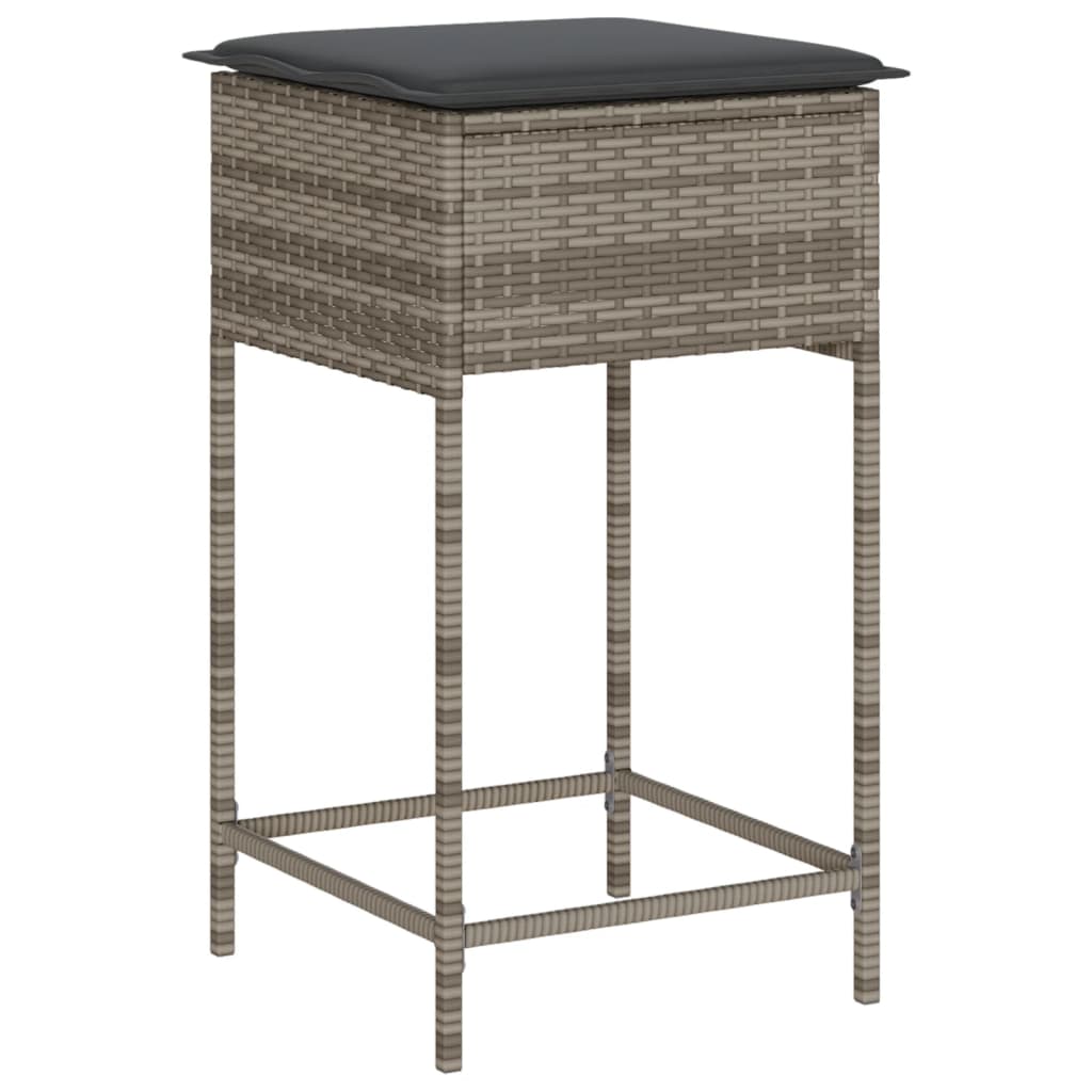 Bancos de bar p/ jardim com almofadões 2 pcs vime PE cinzento
