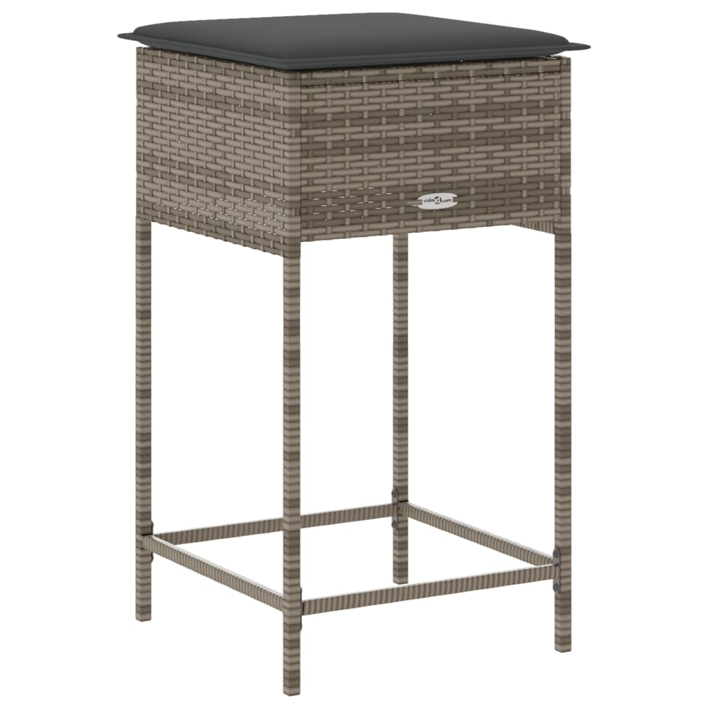 Bancos de bar p/ jardim com almofadões 2 pcs vime PE cinzento