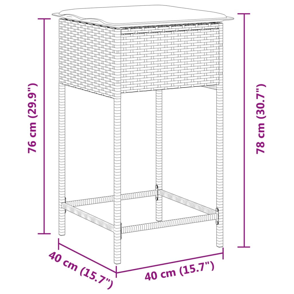 Bancos de bar p/ jardim com almofadões 2 pcs vime PE cinzento