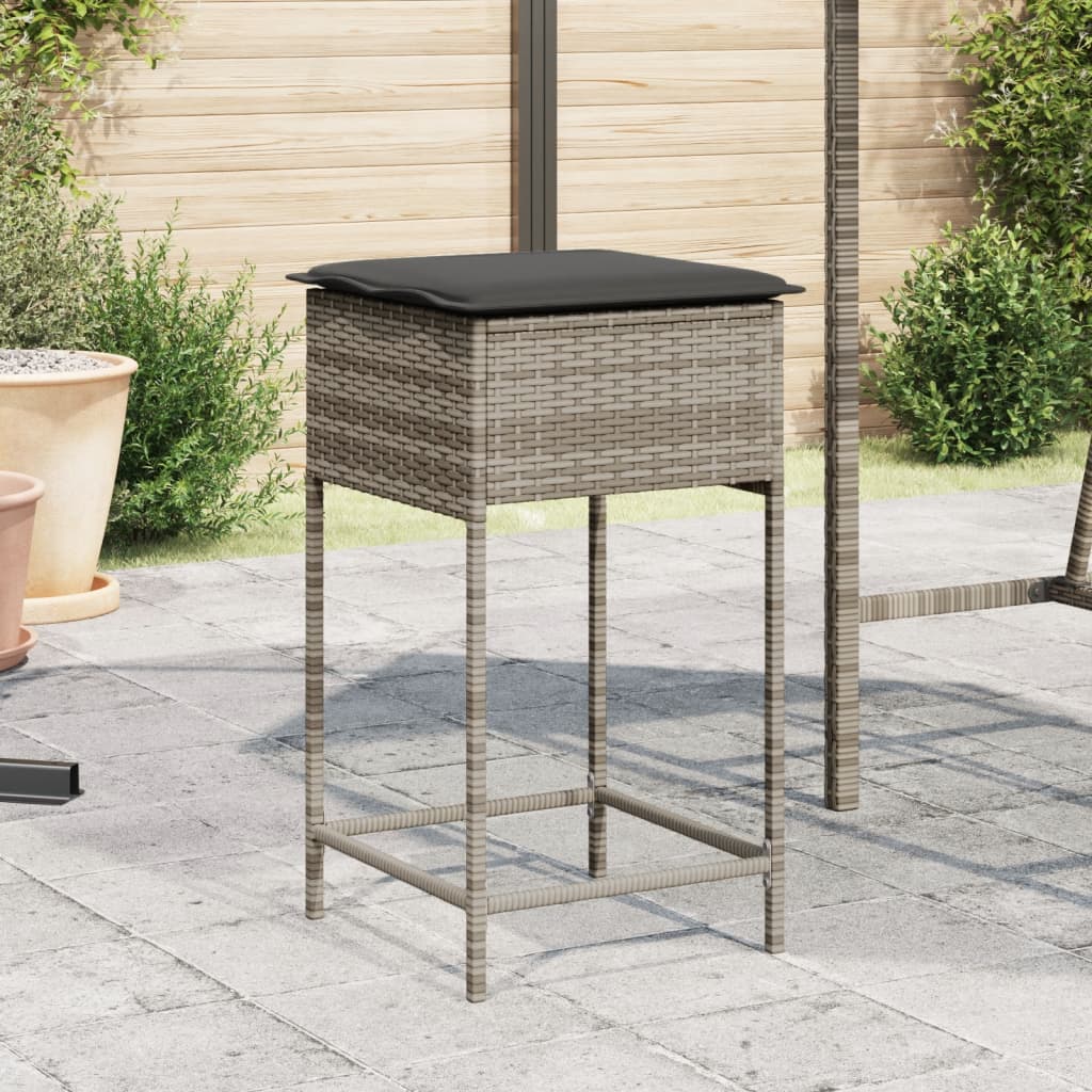 Bancos de bar p/ jardim com almofadões 2 pcs vime PE cinzento