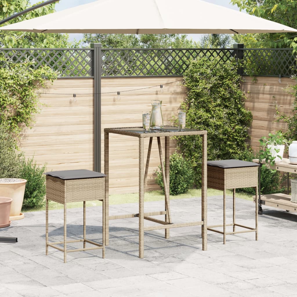 Bancos de bar com almofadões para jardim 2 pcs vime PE bege