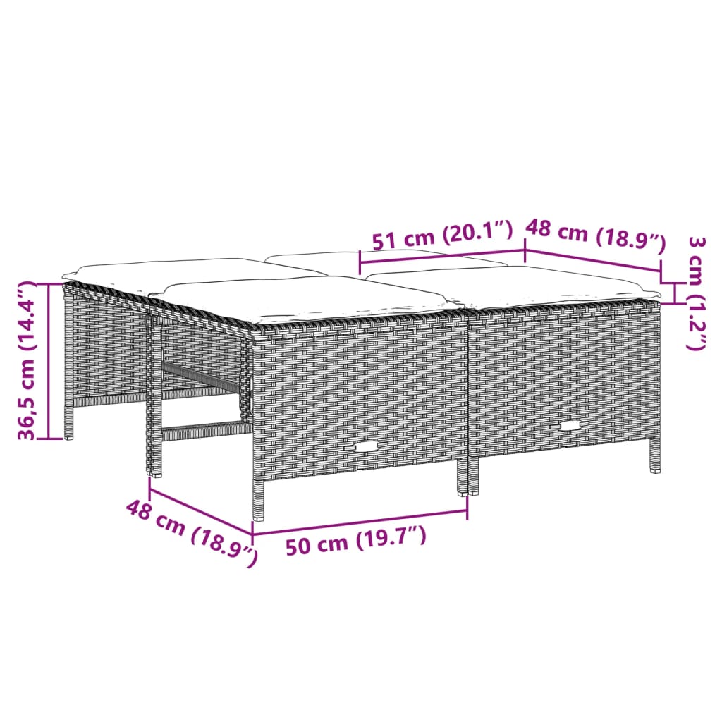 Bancos de jardim com almofadões 4 pcs vime PE cinzento-claro