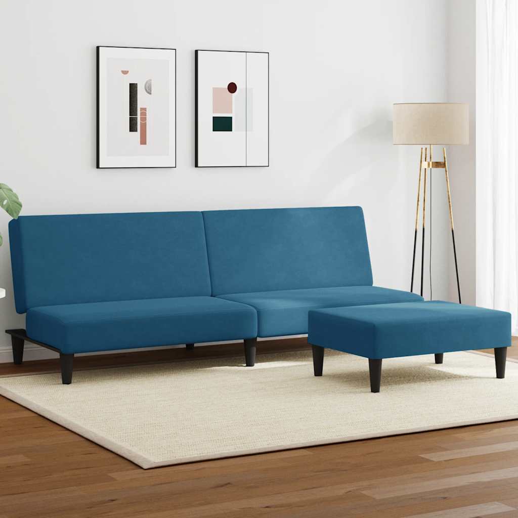 Sofá-cama 2 lugares c/ apoio de pés veludo azul