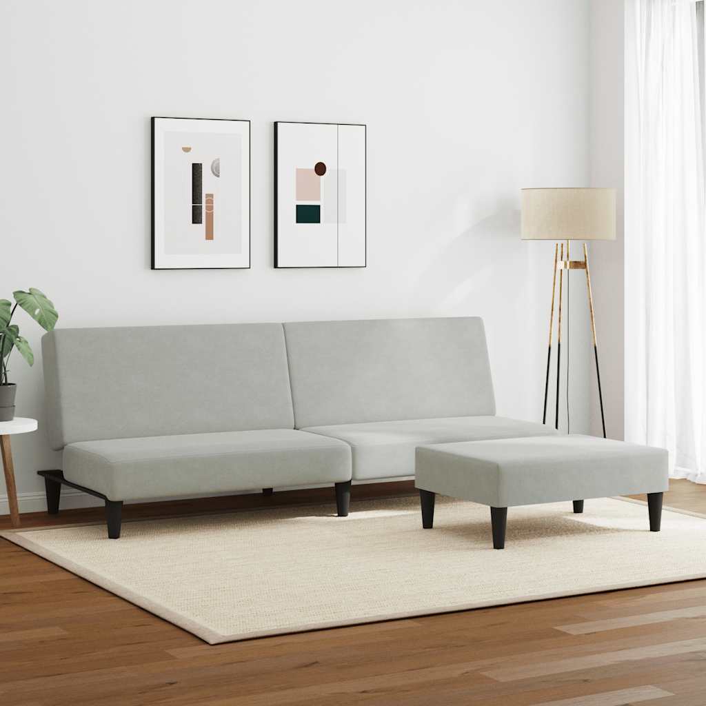 Sofá-cama 2 lugares c/ apoio de pés veludo cinza-claro