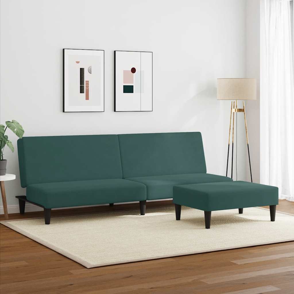 Sofá-cama 2 lugares c/ apoio de pés veludo verde-escuro