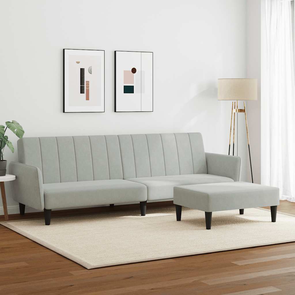 Sofá-cama 2 lugares c/ apoio de pés veludo cinza-claro