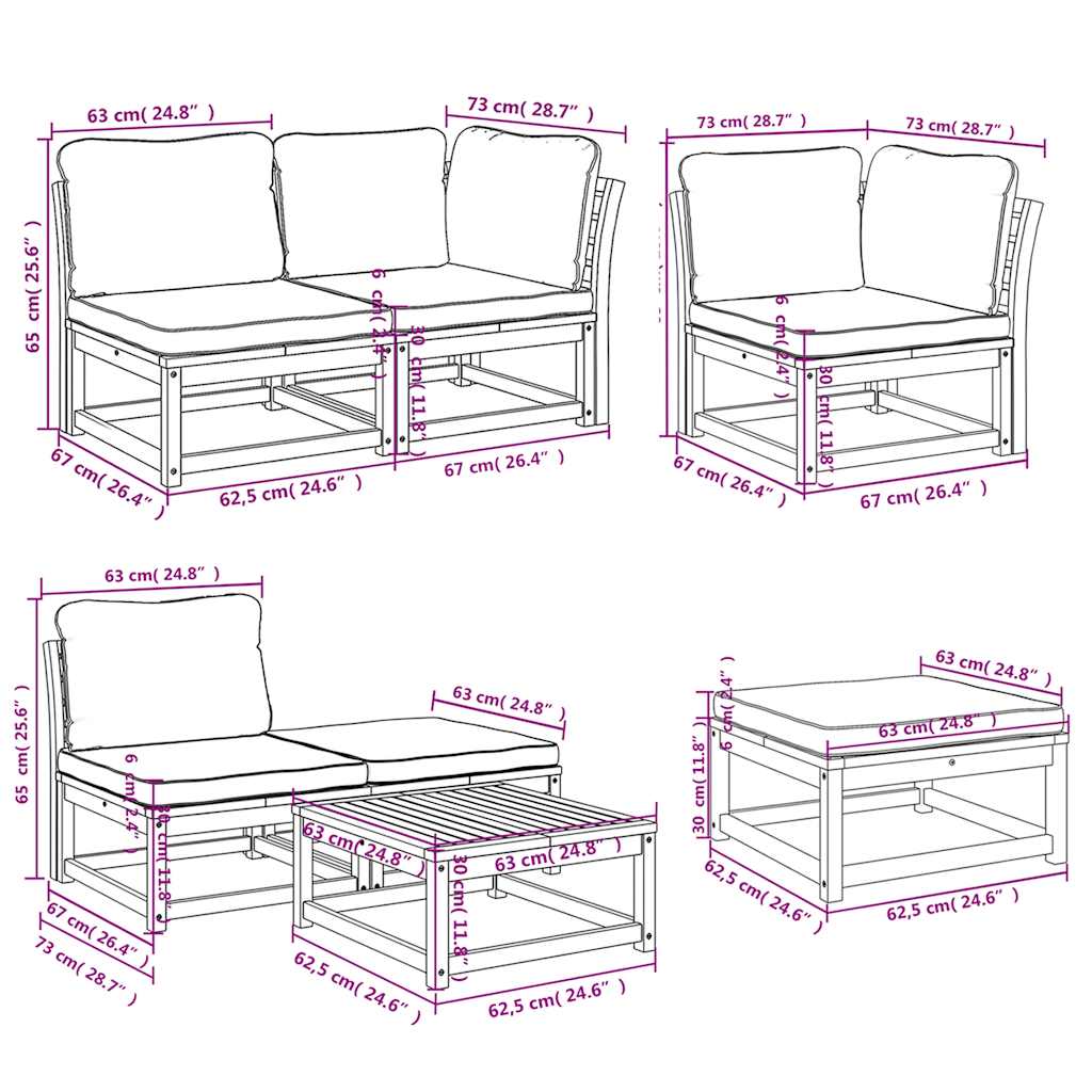 7 pcs conjunto lounge jardim c/almofadões madeira maciça acácia