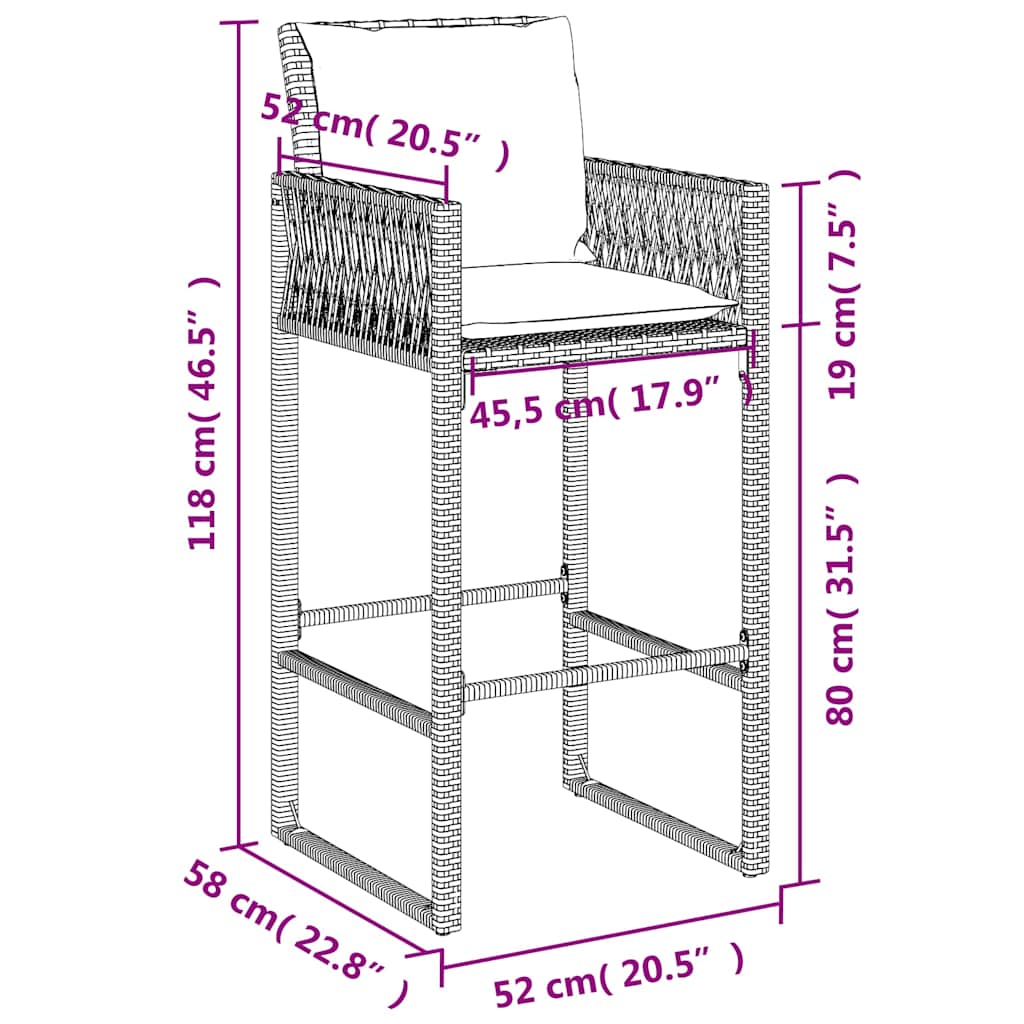 Bancos de bar com almofadões para jardim 2 pcs vime PE preto