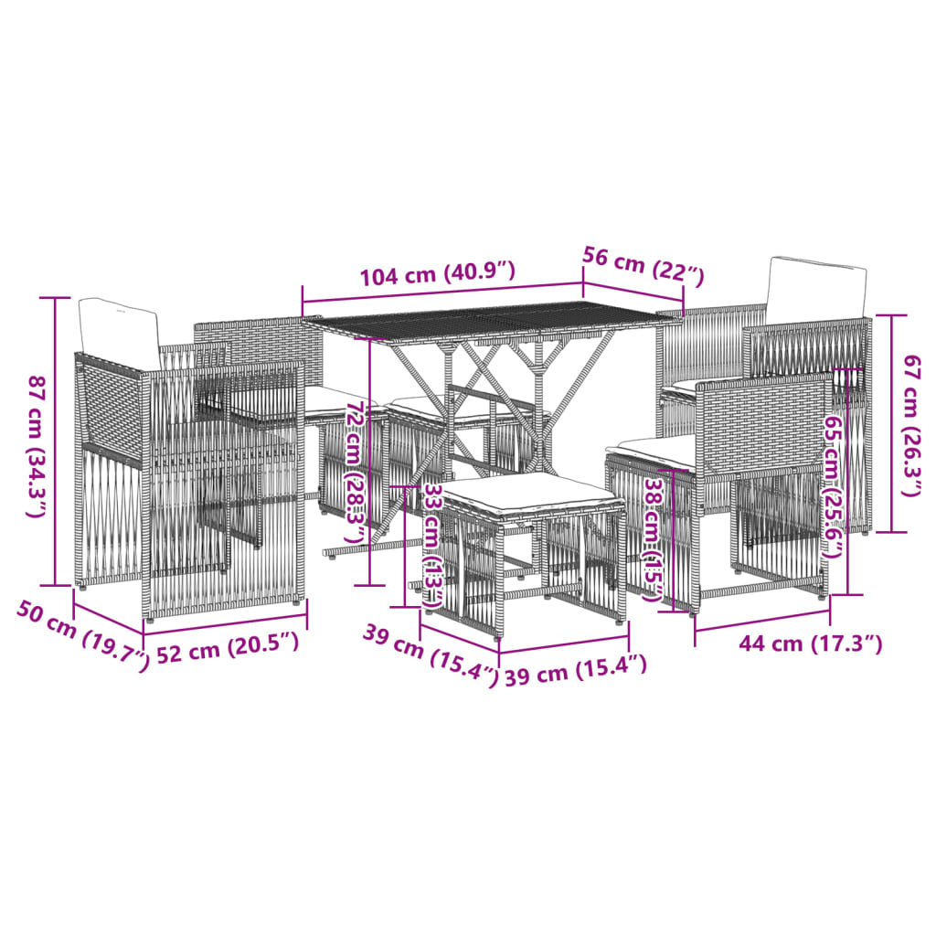 7 pcs conjunto de jantar p/ jardim c/ almofadões vime PE cinza
