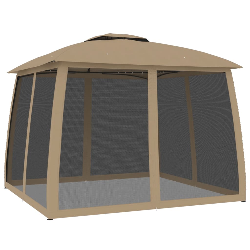 Gazebo c/ teto duplo/paredes de malha aço cinzento-acastanhado