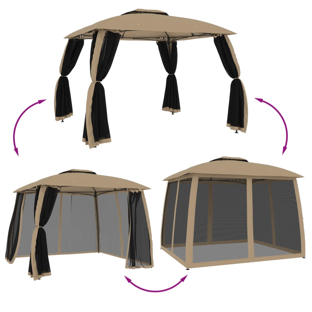 Gazebo c/ teto duplo/paredes de malha aço cinzento-acastanhado