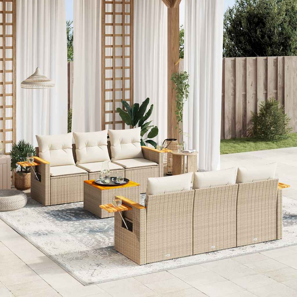 7 pcs conjunto de sofás p/ jardim com almofadões vime PE bege