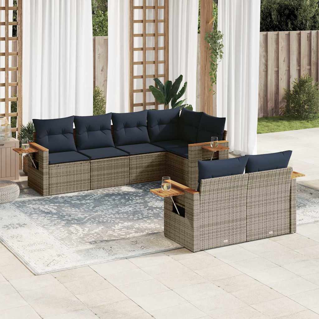 7 pcs conjunto sofás p/ jardim c/ almofadões vime PE cinzento