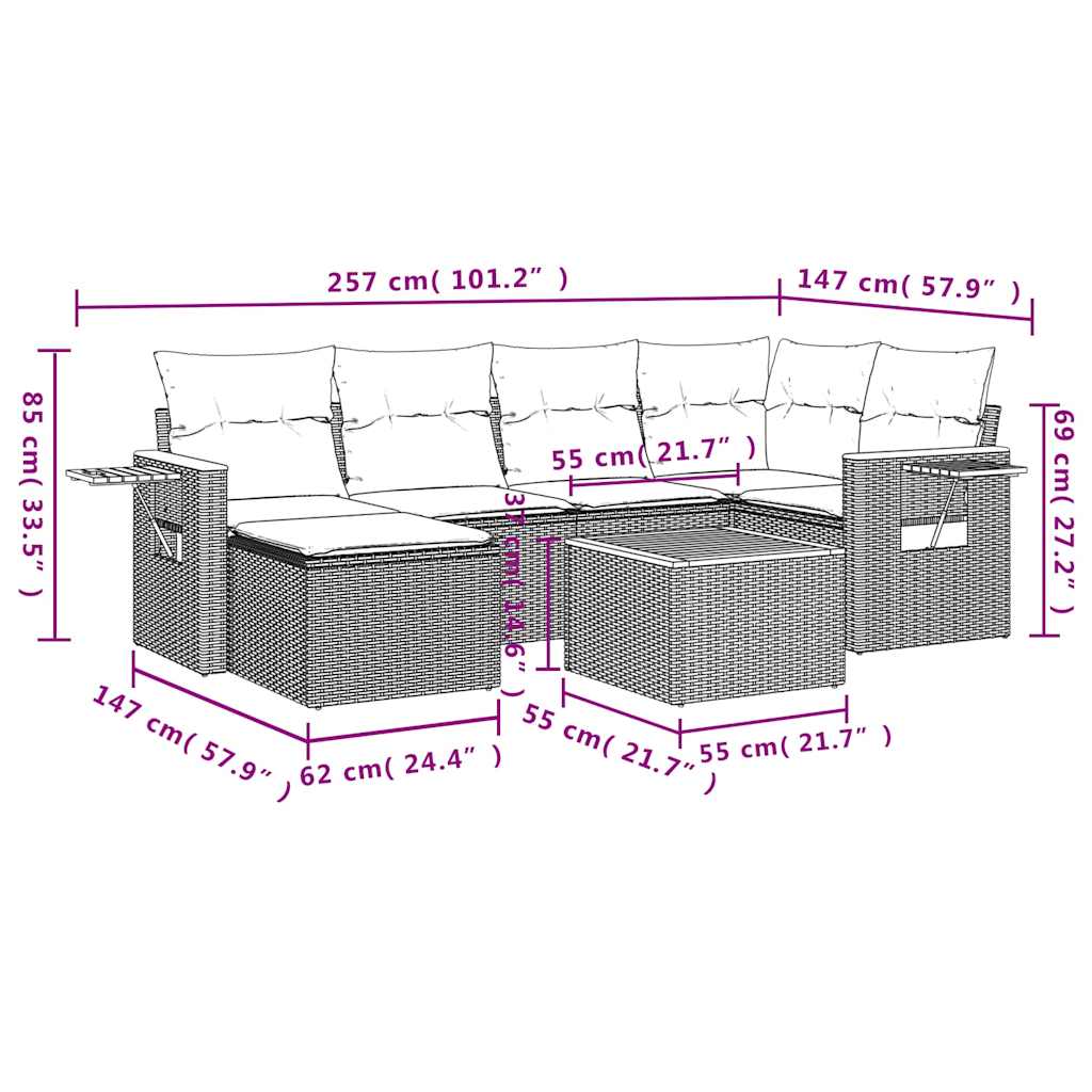 7 pcs conjunto sofás p/ jardim c/ almofadões vime PE cinzento